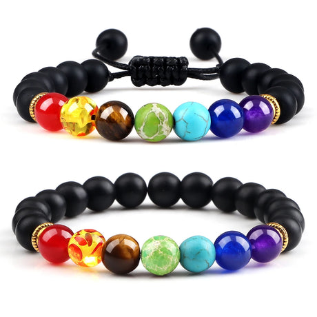 Black beaded bracelet with colorful beads on a white background