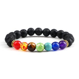 Black beaded bracelet with colorful beads on a white background