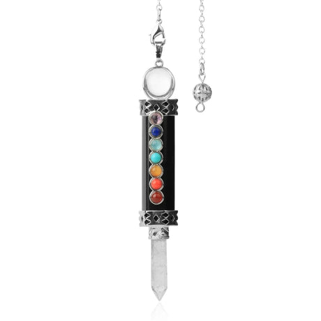 Necklace with a sword-shaped pendant featuring colorful stones on a white background