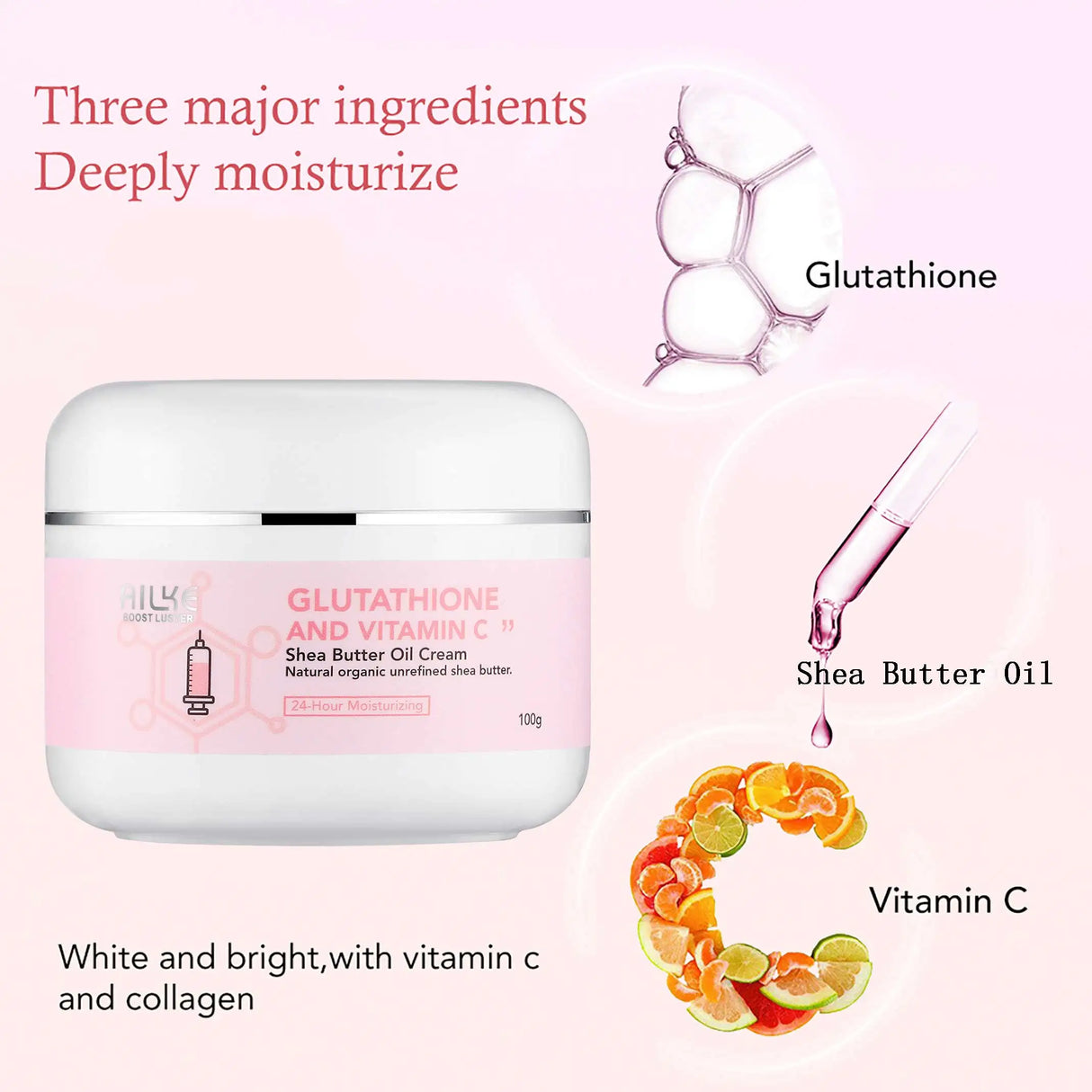 Nilsun Glutathione and Vitamin C Shea Butter Oil Cream with ingredients displayed on a pink background