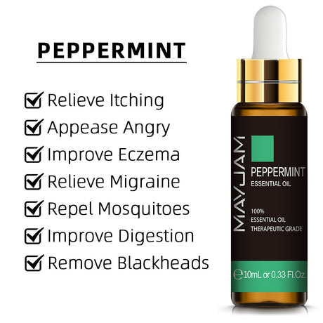 MayJam peppermint essential oil bottle with listed benefits on a white background