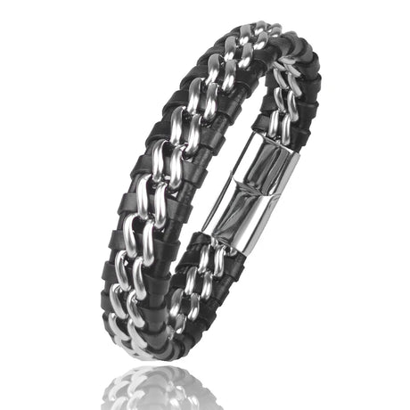 Black and silver chain bracelet on a white background