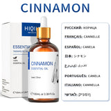 Cinnamon essential oil bottle with dropper and packaging, labeled 'HIQI'.