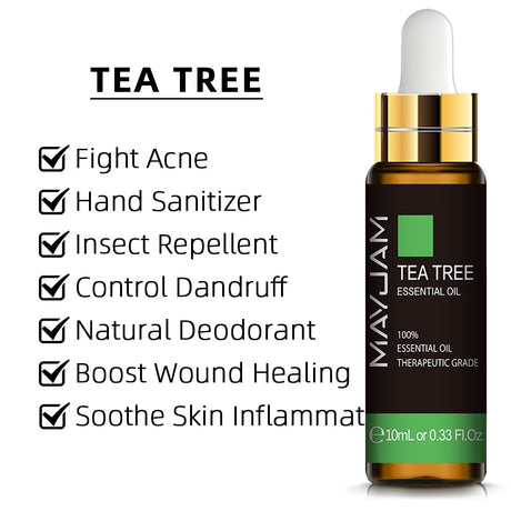 MayuJam Tea Tree Essential Oil bottle with usage benefits listed on a white background