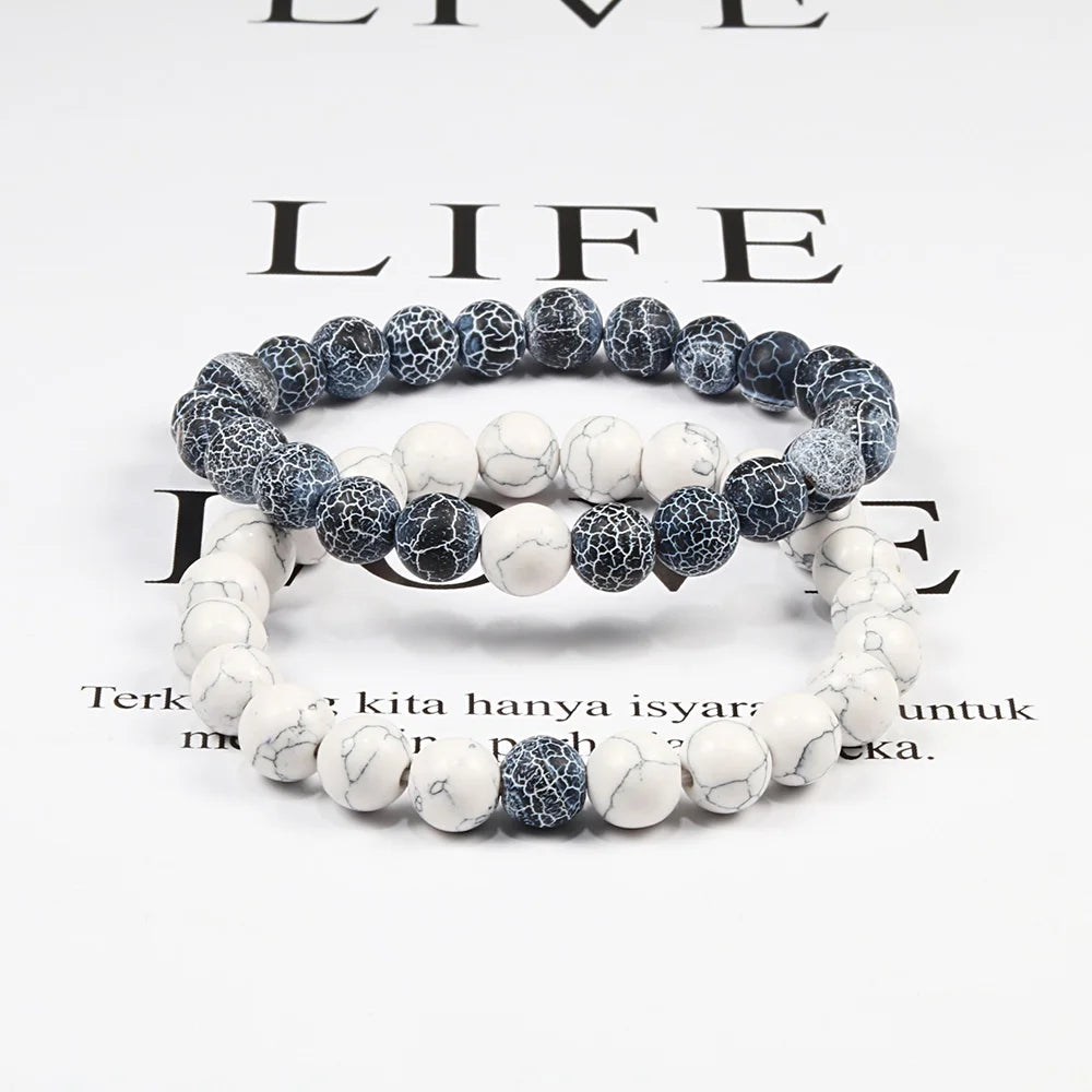 Two bracelets with white and gray marbled pattern on a white background with text.