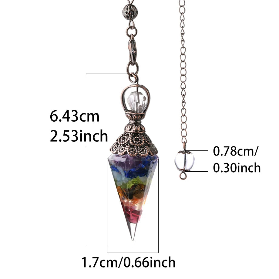 Colorful crystal pendant with measurements on a white background