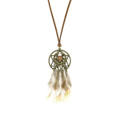 Dreamcatcher necklace with feathers on a white background