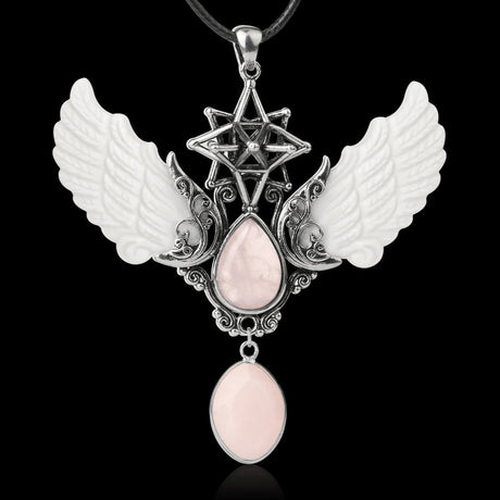 Necklace with angel wings, star design, and pink stones on a black background