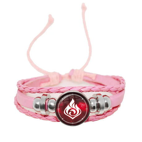 Pink braided bracelet with a red and silver emblem on a white background