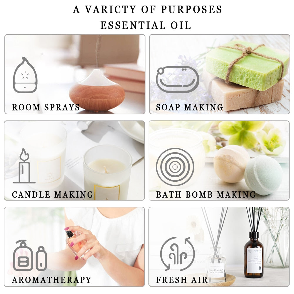 Collage of essential oil uses including room sprays, soap making, candle making, bath bomb making, aromatherapy, and fresh air.