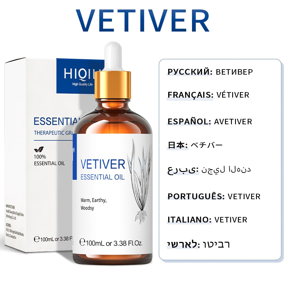 Vetiver essential oil bottle with dropper and packaging on a white background