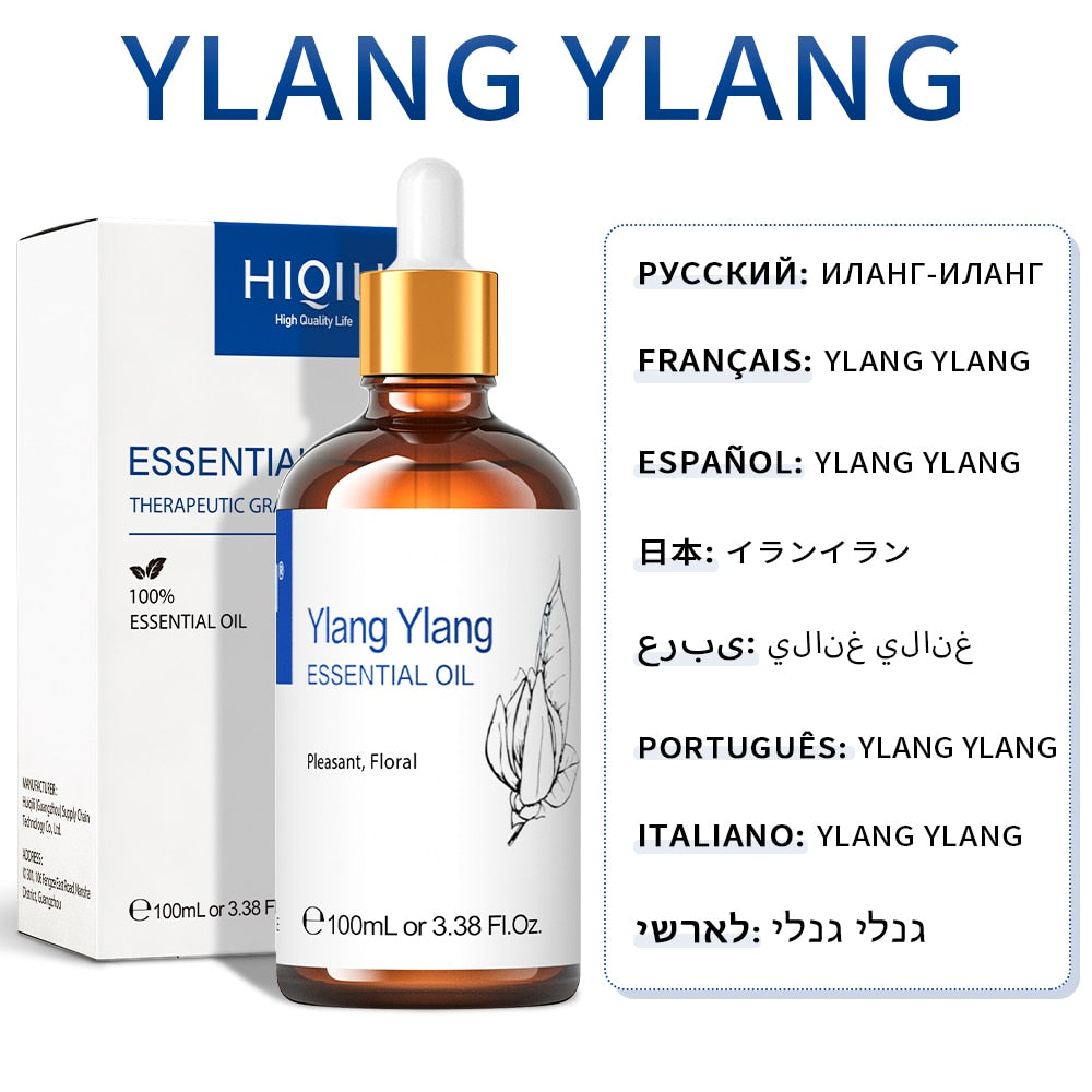 Ylang Ylang essential oil bottle with dropper and packaging on a white background