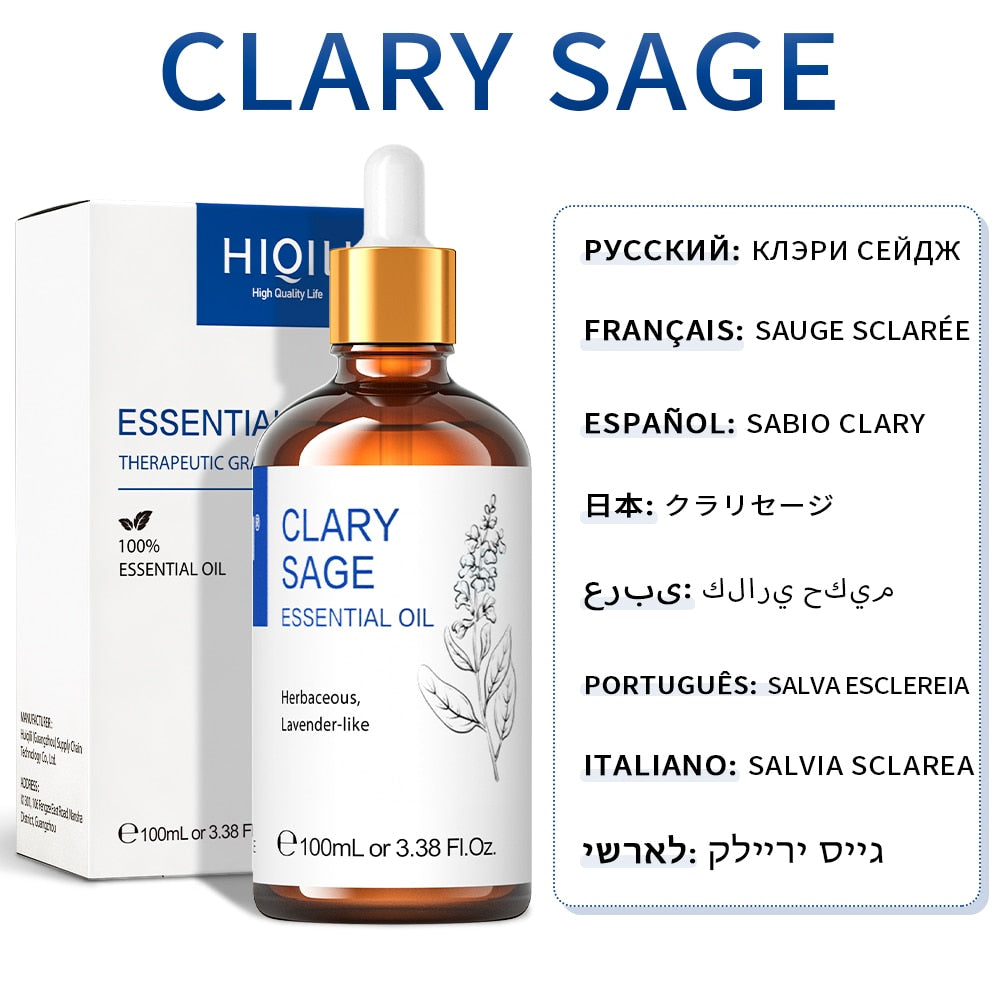 Clary Sage essential oil bottle with dropper and packaging on a white background