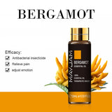 Mayu Jami Bergamot essential oil bottle with bergamot fruit and text on a white background