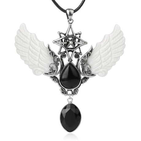 Necklace with wings and black stones on a white background