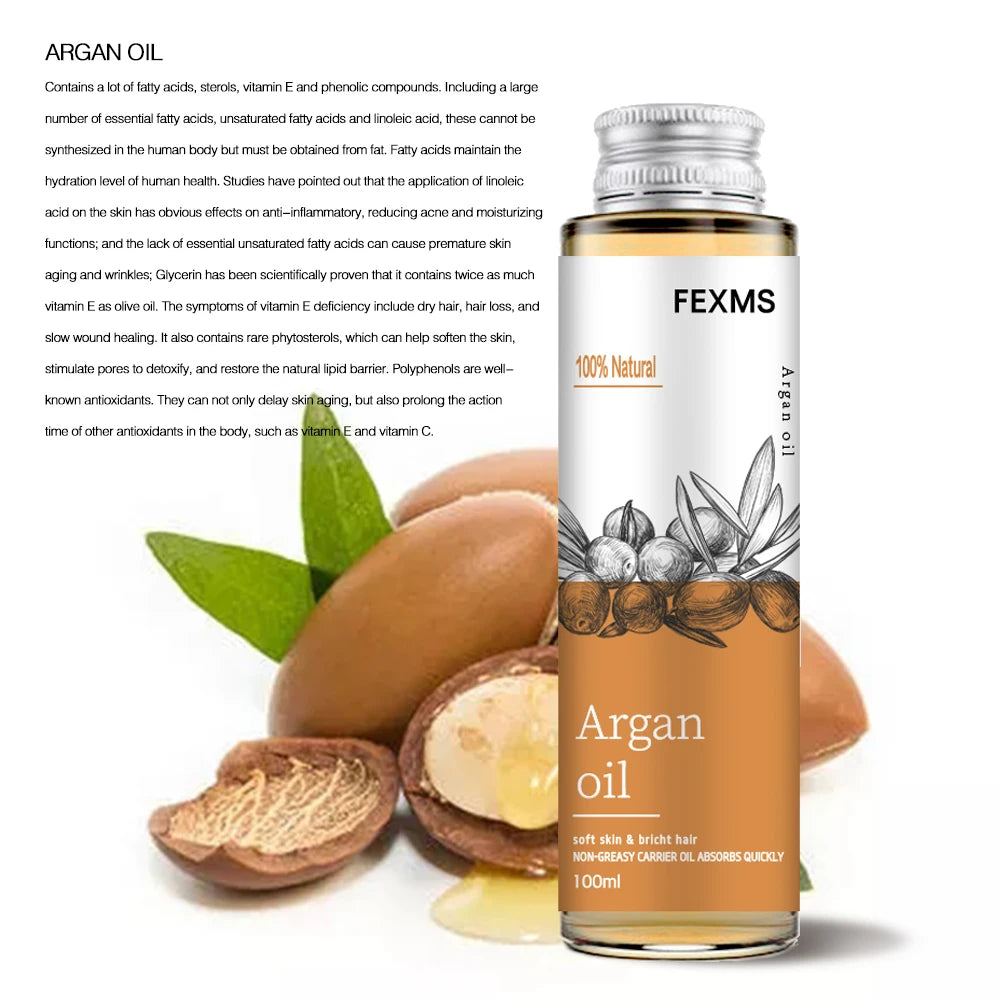 FEXMS Argan oil bottle with argan seeds and leaves on a white background