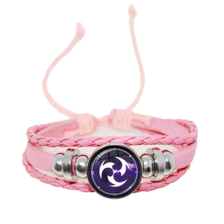 Pink braided bracelet with silver beads and a purple circular emblem on a white background