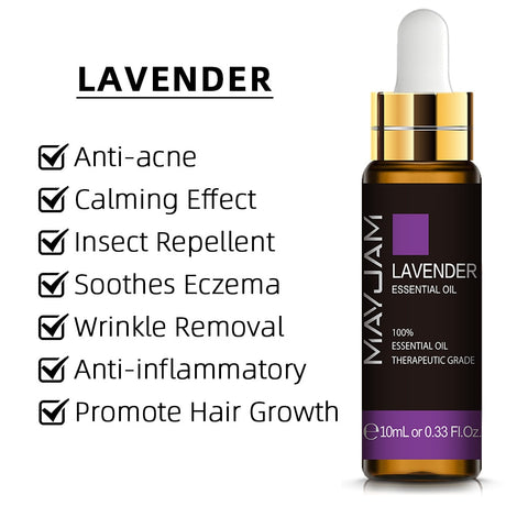 Mayuam lavender essential oil bottle with listed benefits on a white background