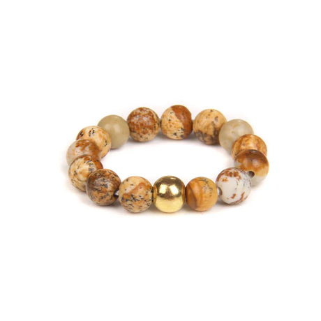 Beaded bracelet with natural stone and gold beads on a white background