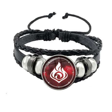 Black braided leather bracelet with a red and silver emblem on a white background