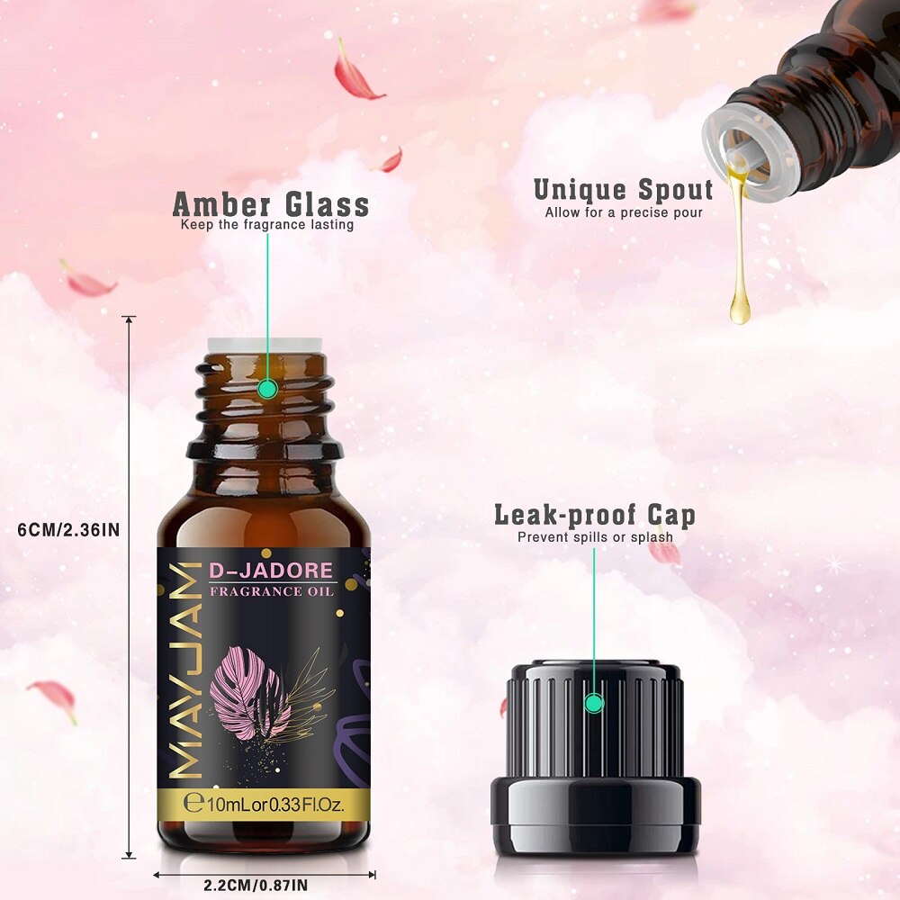 Maylian D-Jadore fragrance oil bottle with features highlighted on a pink floral background