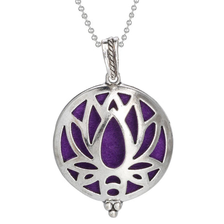 Silver necklace with a purple lotus flower pendant on a white background