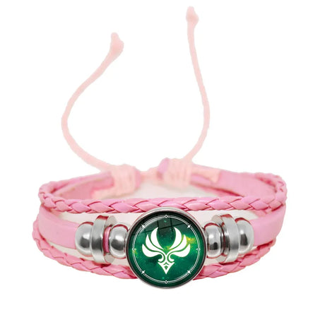 Pink braided bracelet with a green and silver emblem on a white background