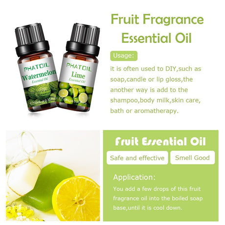 Two bottles of Phatcoul essential oils with fruit graphics and usage information.
