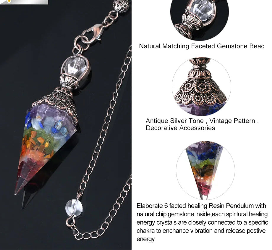 Colorful resin pendulum with chain on a dark background, featuring text about its features.