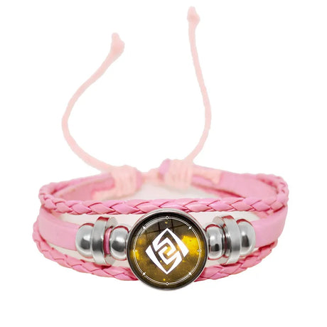 Pink braided bracelet with a metallic clasp on a white background