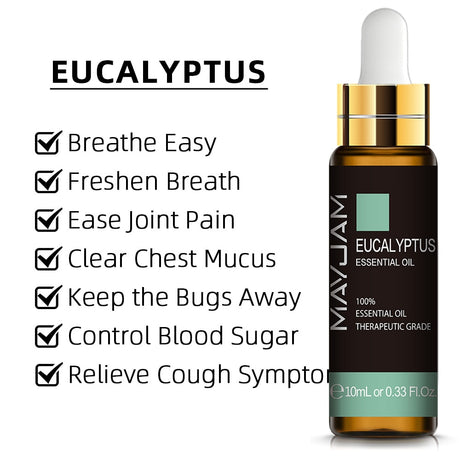 Eucalyptus essential oil bottle with listed benefits on a white background