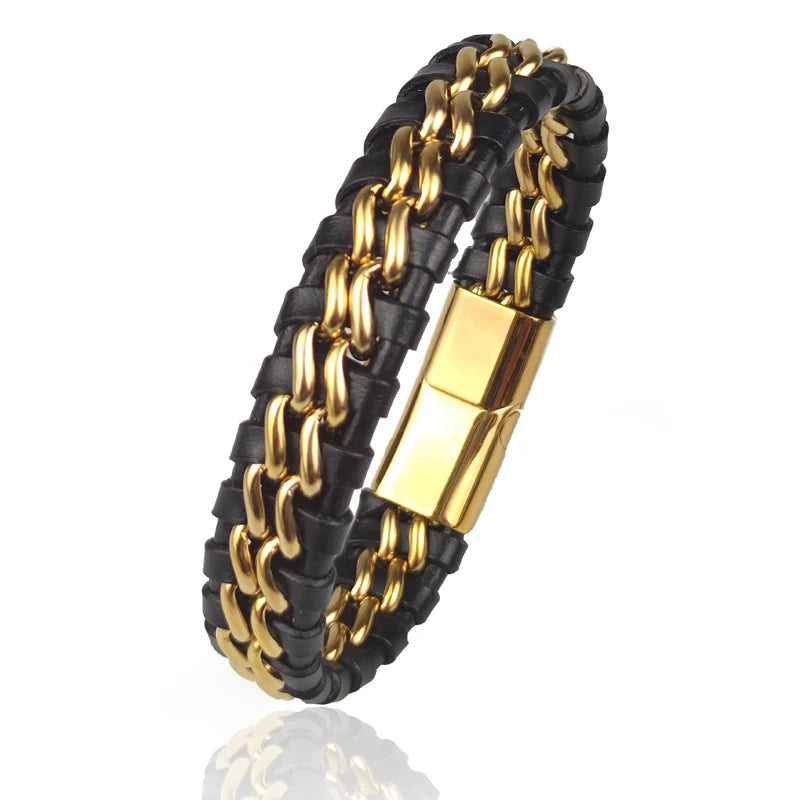 Black and gold braided bracelet on a white background