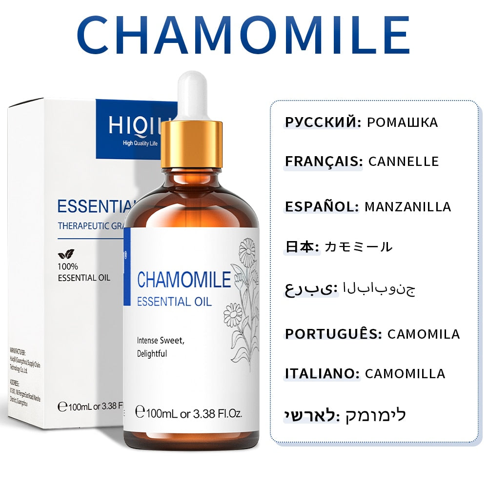 Chamomile essential oil bottle with dropper and packaging on a white background