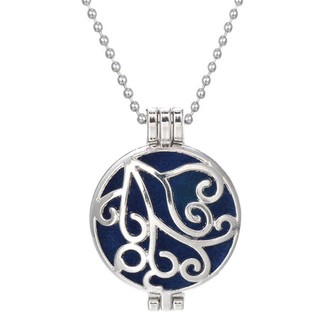 Silver and blue pendant necklace on a white background