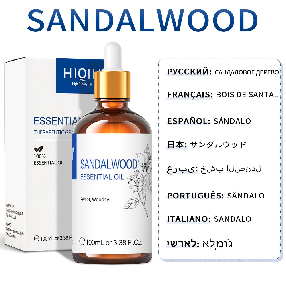 Sandalwood essential oil bottle with dropper and packaging on a white background