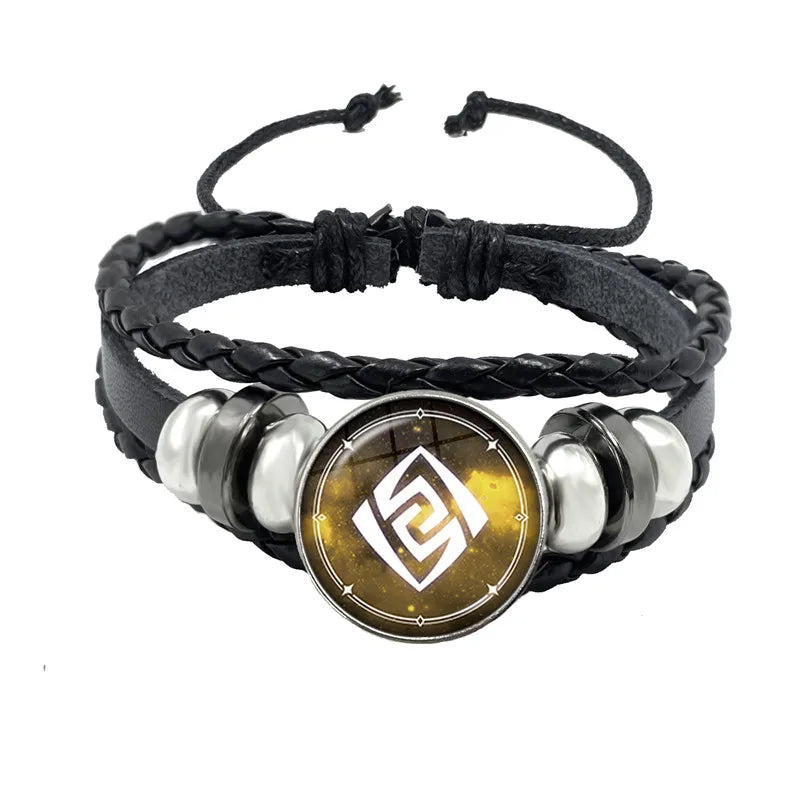 Black braided leather bracelet with a circular design featuring a white symbol on a yellow background.