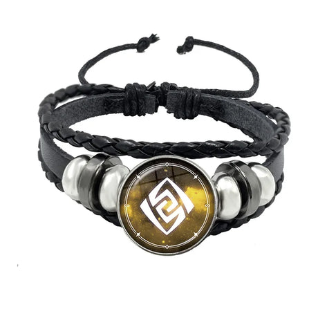 Black braided leather bracelet with a circular design featuring a white symbol on a yellow background.