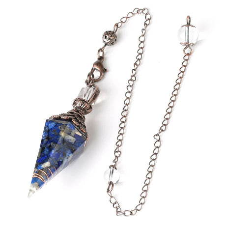 Crystal pendulum with blue stone on a white background