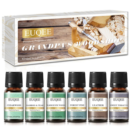 Set of EUQEE fragrance oils with packaging labeled 'Grandpa's Woodside' on a white background.