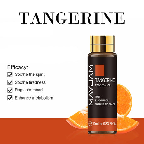 Mayu Jam Tangerine essential oil bottle with orange slices on a white background