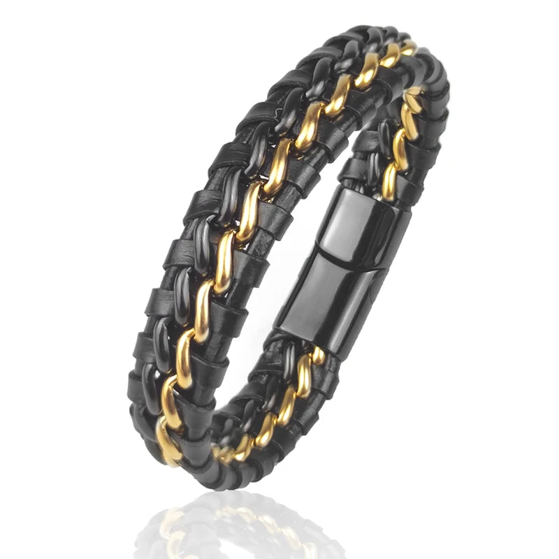 Black and gold braided bracelet on a white background