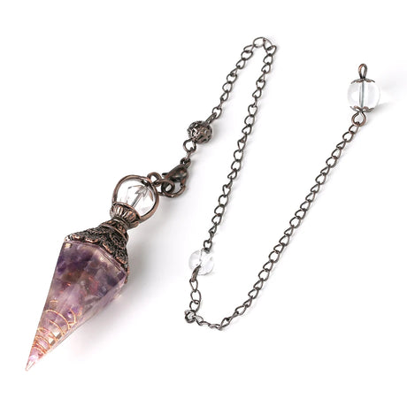 Amethyst crystal pendulum on a chain against a white background