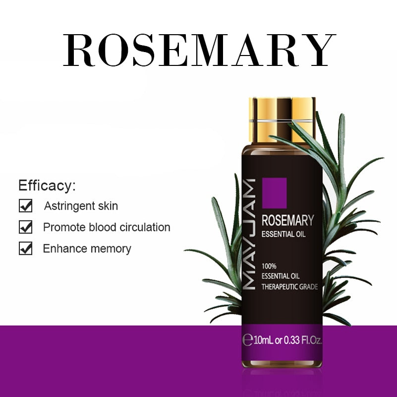 Mayuam Rosemary essential oil bottle with text on a white background