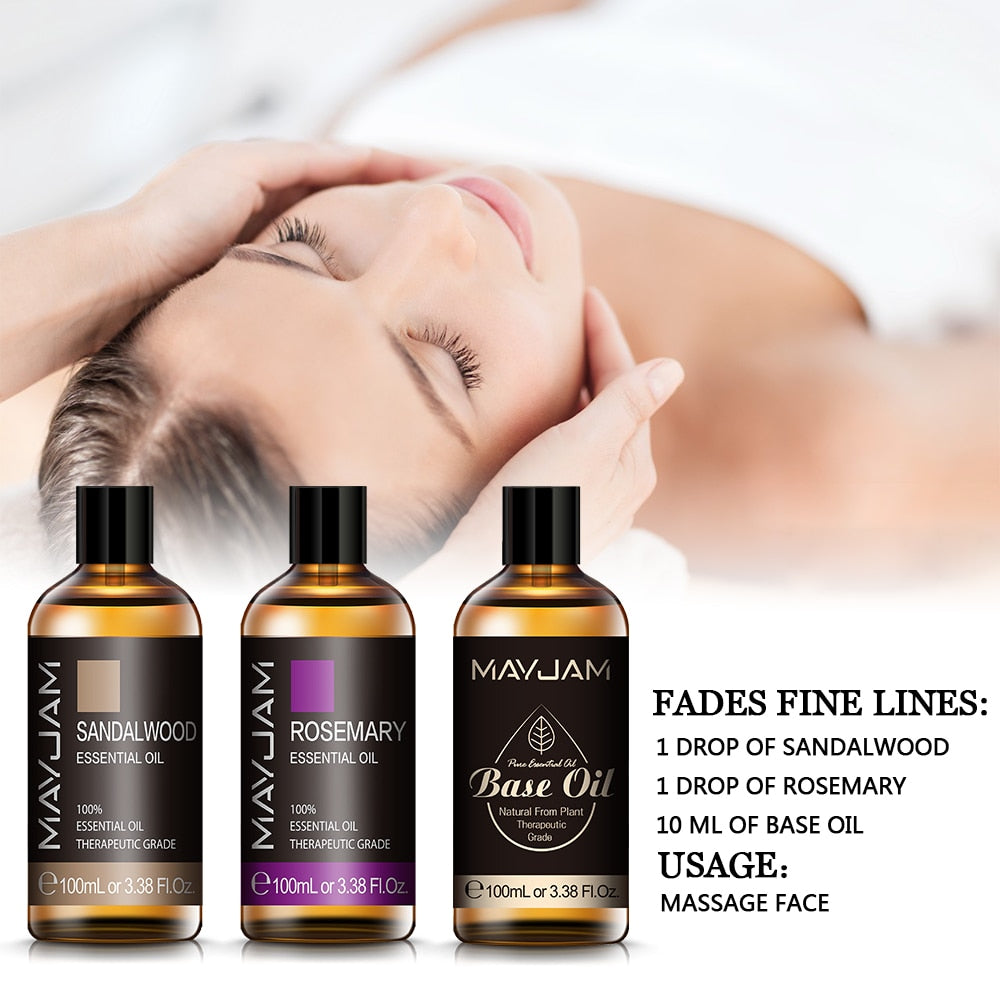 MayJam essential oils with a blurred background of a person holding their head.