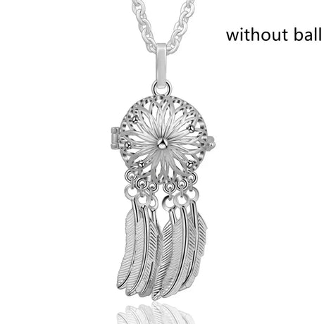 Silver dreamcatcher pendant necklace on a white background with 'without ball' text.