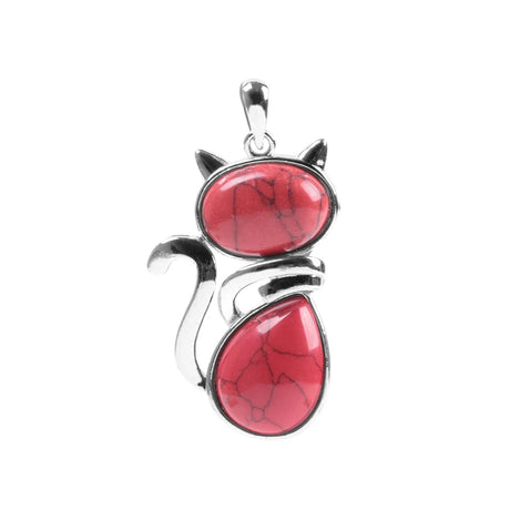 Cat-shaped pendant with red stone and silver outline on a white background