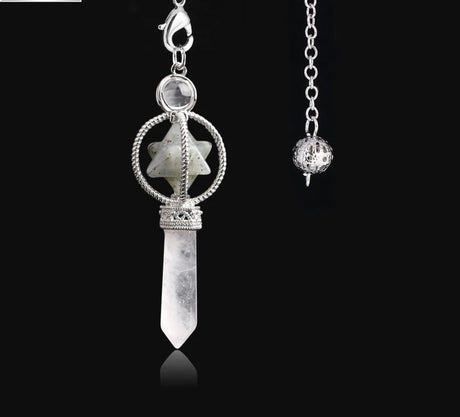 Silver pendant necklace with star design and crystal on a black background