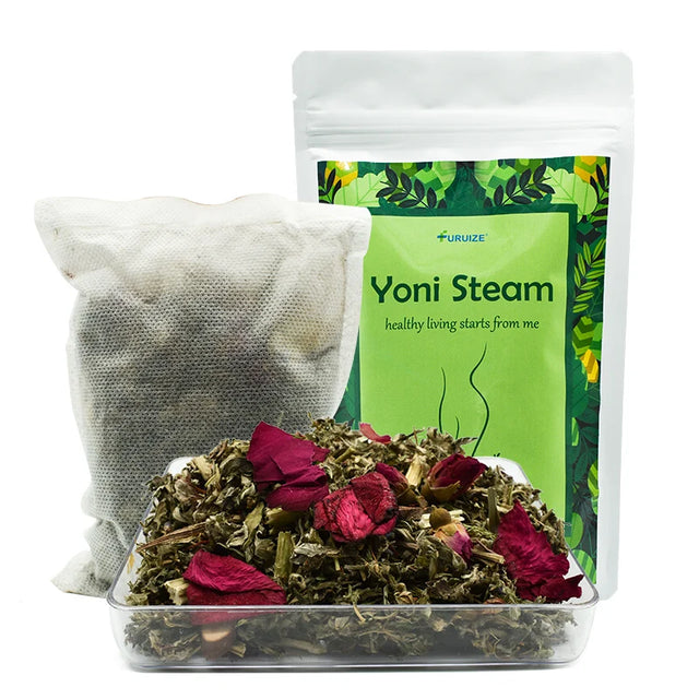 Yoni steam product with packaging and ingredients on a white background