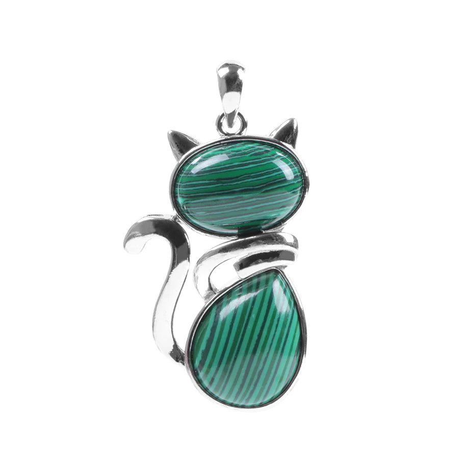 Green stone pendant with silver cat-shaped frame on a white background