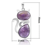 Purple stone pendant with silver design, shown with measurements on a white background.